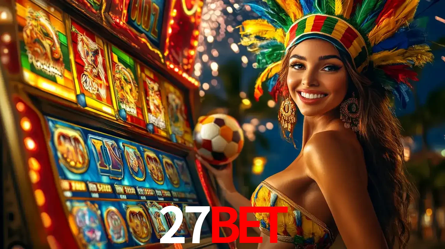 Mulher com um cocar de carnaval ao lado de uma máquina de caça-níqueis enquanto segura uma bola de futebol, mostrando a união da diversão de cassino e esportes no 27bet.