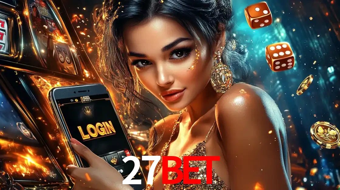 Mulher glamourosa segurando um celular com a tela de login do cassino 27bet, rodeada por dados e moedas douradas, pronta para começar a diversão.