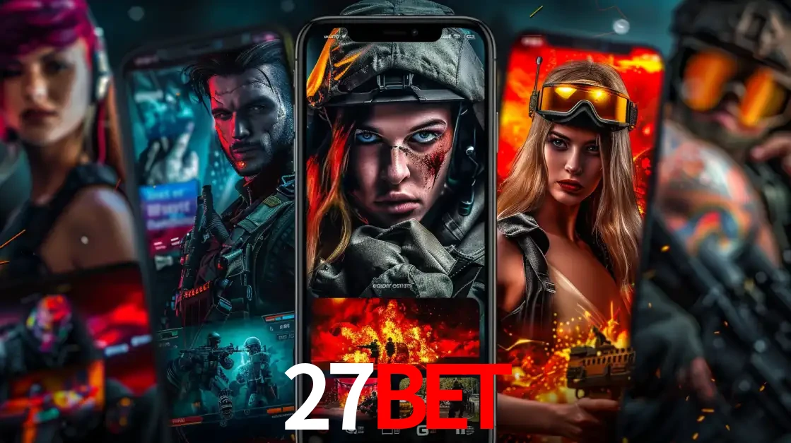 Montagem de telas de celular mostrando diversos personagens, masculinos e femininos, de um jogo de tiro, ilustrando a diversidade de equipes de e-sports para apostar no 27bet.