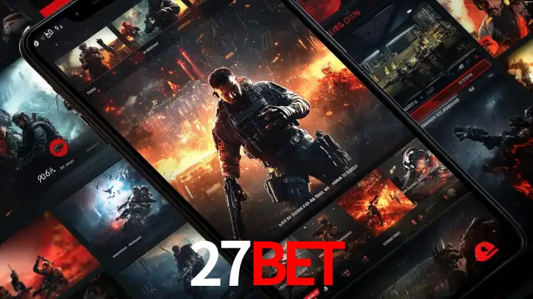 Tela de um celular exibindo uma galeria de jogos de tiro com temática militar, mostrando a variedade de e-sports disponíveis para apostas na plataforma de entretenimento 27bet.