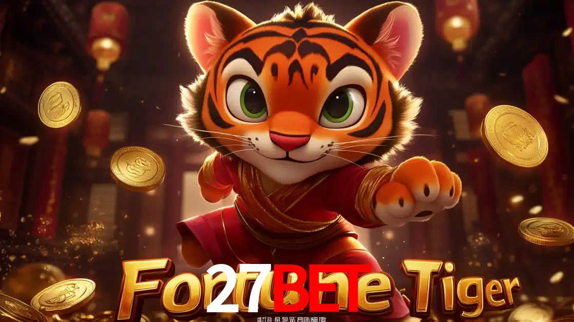O carismático mascote do jogo de slot Fortune Tiger, um tigre fofo em pose de artes marciais, pronto para trazer sorte e multiplicadores de ganhos no cassino online 27bet.