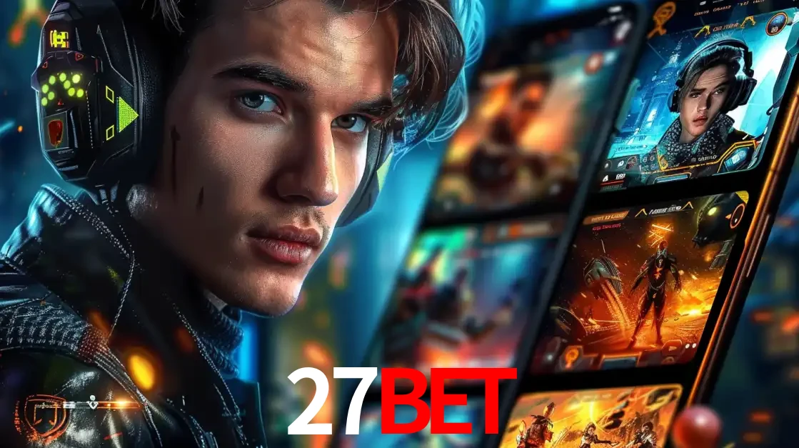 Jovem jogador com fones de ouvido olhando para a câmera, com um aplicativo de jogos e e-sports para celular ao fundo, pronto para a competição e apostas no 27bet.