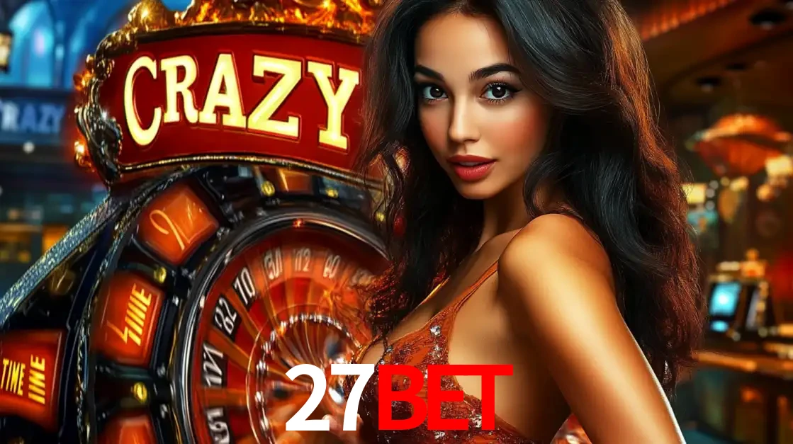 Mulher glamourosa olhando para a câmera com a roda vermelha do Crazy Time ao fundo em um ambiente de cassino, destacando a emoção dos jogos ao vivo no 27bet.