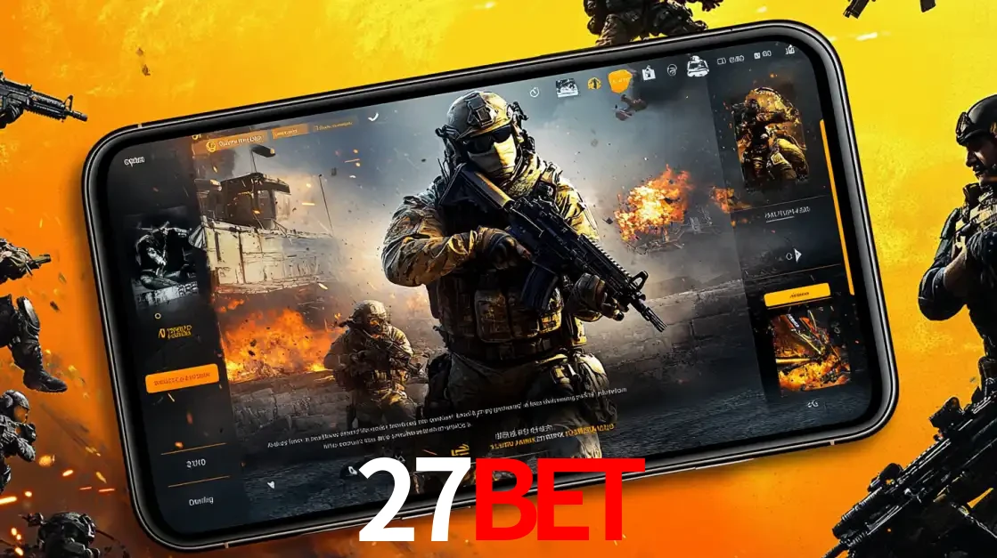 Um smartphone exibindo a interface de um jogo de tiro em primeira pessoa, com um soldado em um cenário de batalha, representando a ação dos e-sports para apostar no 27bet.