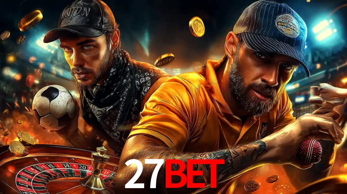 Montagem de apostas esportivas e cassino no 27bet, com um homem segurando uma bola de futebol e outro uma de beisebol sobre uma roleta e moedas voadoras.