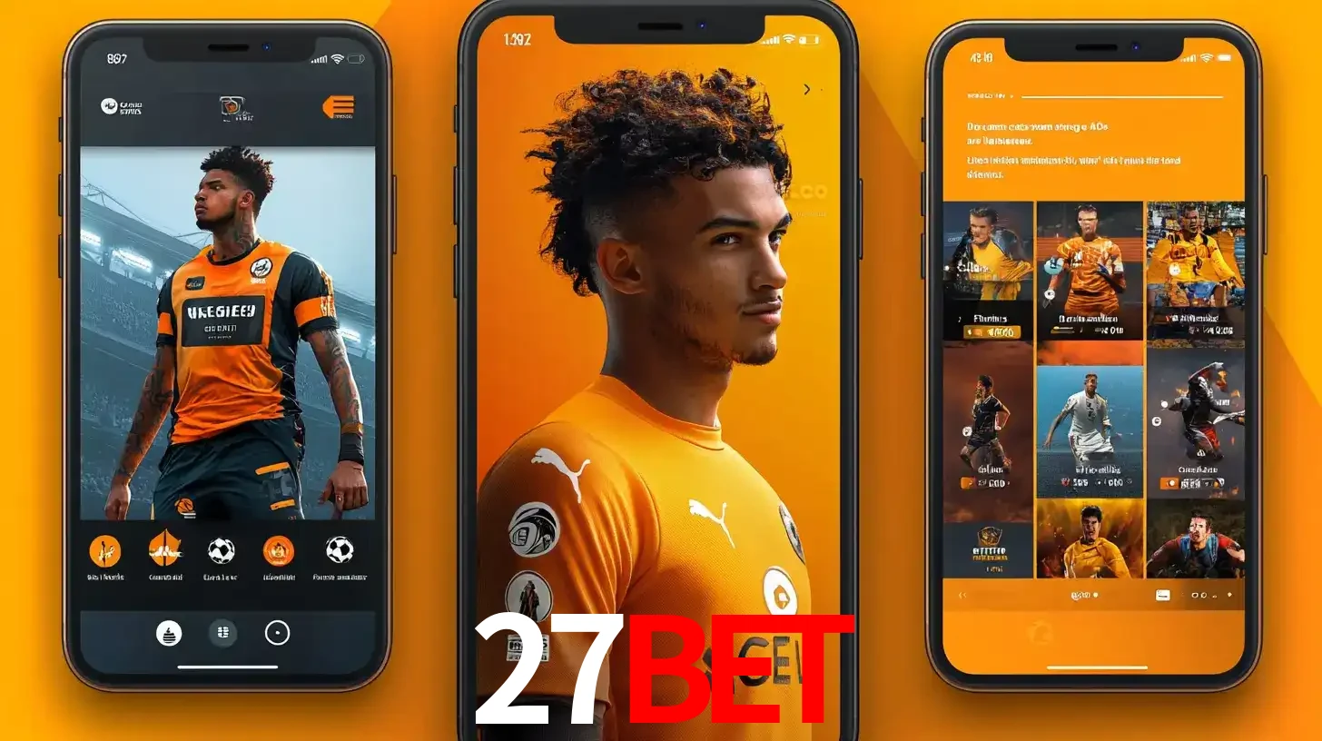 Interface do aplicativo de apostas esportivas 27bet em três telas de celular, mostrando o perfil de um jogador de futebol e a lista de jogos disponíveis para apostar.