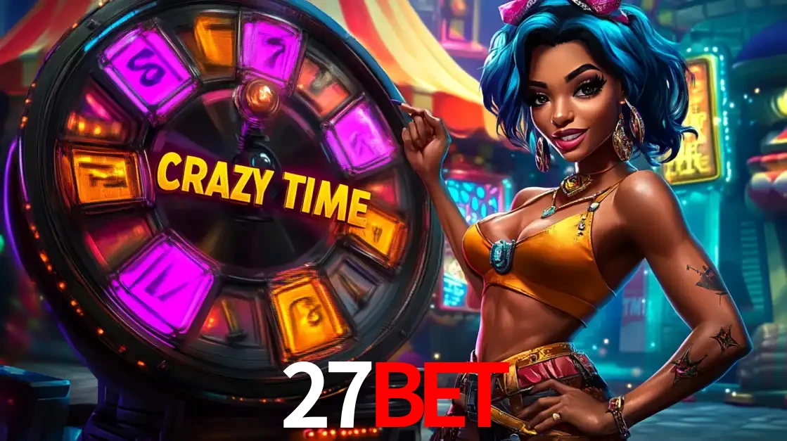 Mulher estilizada com cabelo azul e visual vibrante posando ao lado da roda de prêmios do game show Crazy Time, convidando para a diversão e os bônus do cassino 27bet.
