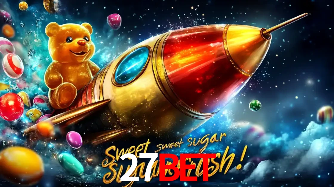 Arte promocional do jogo de slot Sugar Rush, com um urso de pelúcia em um foguete viajando pelo espaço de doces, um dos jogos divertidos disponíveis no cassino 27bet.
