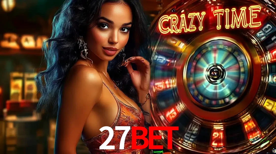 Mulher elegante ao lado da vibrante roda da fortuna do jogo de cassino ao vivo Crazy Time, um dos game shows mais populares e cheios de prêmios do 27bet.