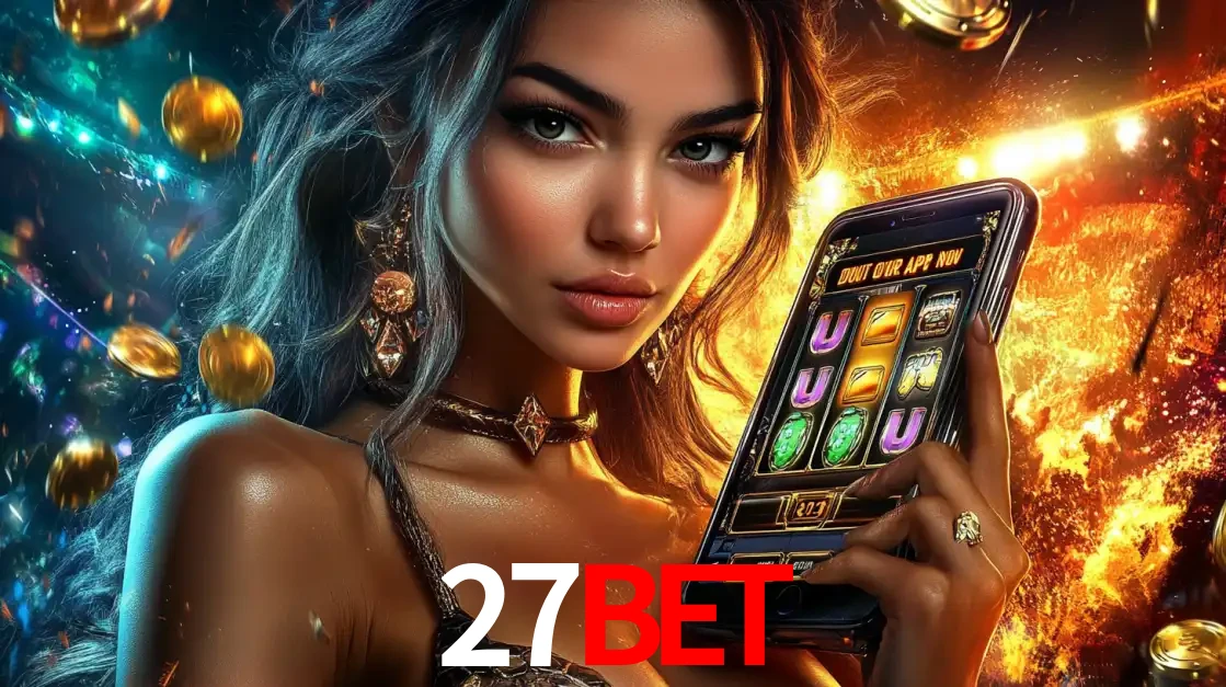 Mulher elegante mostrando um jogo de caça-níqueis em seu smartphone, destacando a experiência de cassino móvel oferecida pelo aplicativo 27bet.