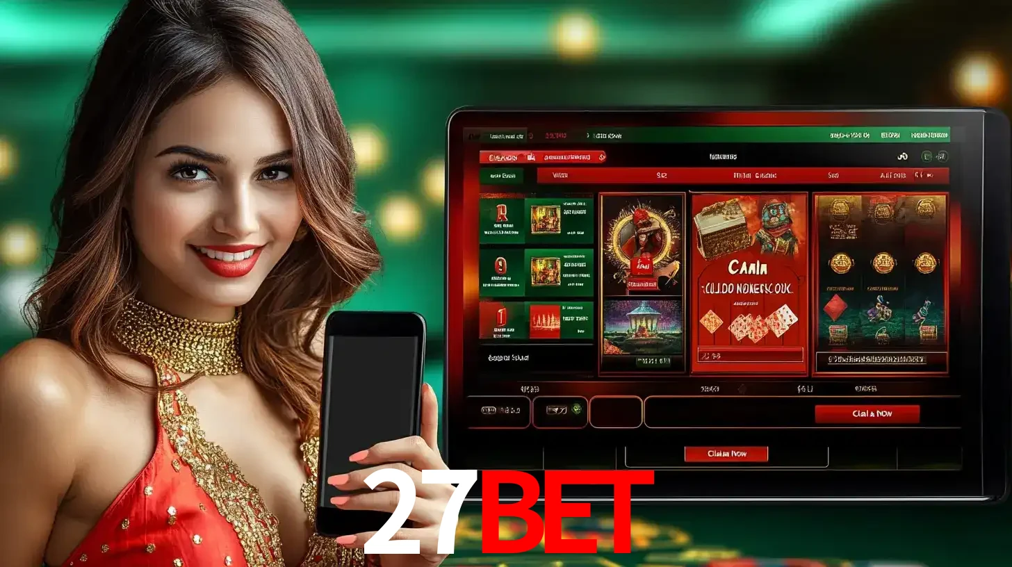 Mulher sorridente segurando um smartphone, ao lado de uma tela exibindo o lobby de jogos do cassino online 27bet, com várias opções de jogos de cartas e slots.
